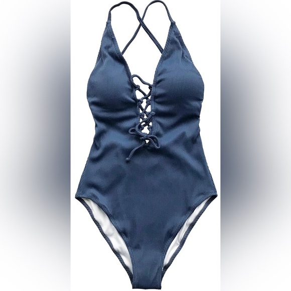 NWT CUPSHE Women's Solid Color V neck Lace Up One Piece Swimsuit Blue Size S - Picture 1 of 6